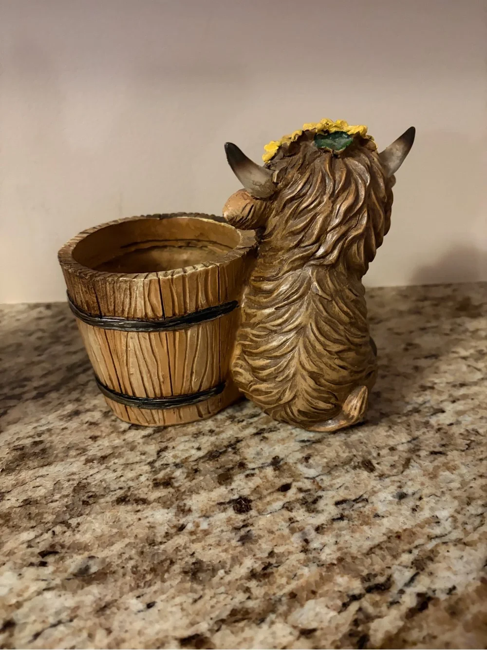 Hobby Lobby Brown Highland Cow Planter with Yellow Sunflowers approx 5 1/2”